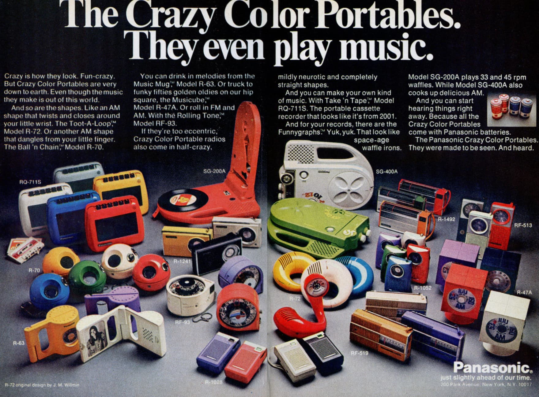 panasonic toot a loop - The Crazy Color Portables. They even play music. Crazy is how they look. Funcrazy. But Crazy Color Portables are very down to earth. Even though the music they make is out of this world. And so are the shapes. an Am shape that twis